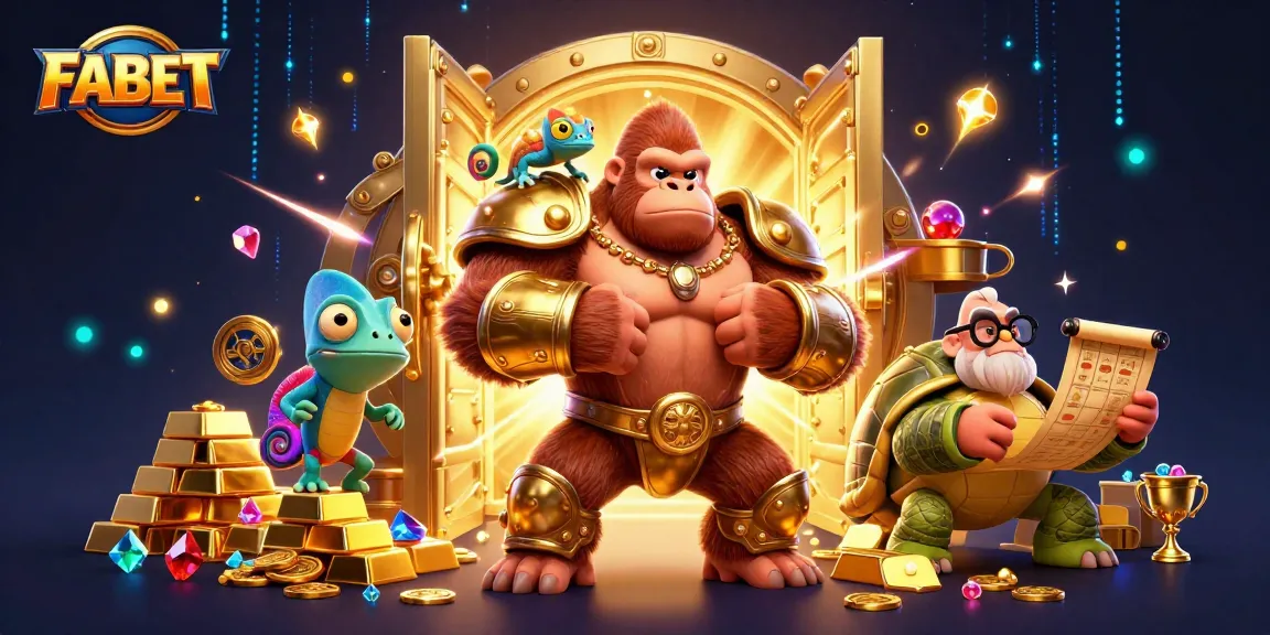 Engage with FABET as a powerful gorilla king and a clever chameleon reveal treasure in a dynamic casino scene.