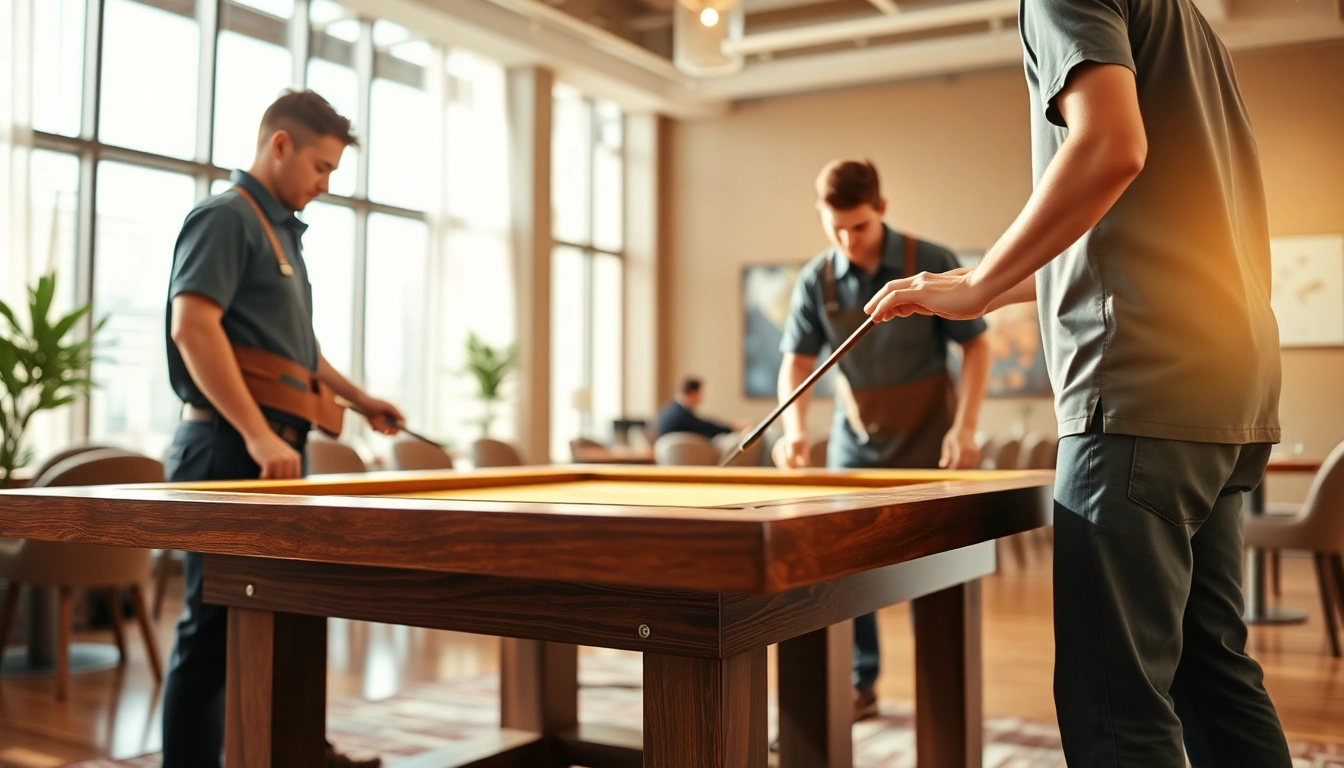 Expert game table movers services showcasing skilled disassembly in a warm, inviting game room.