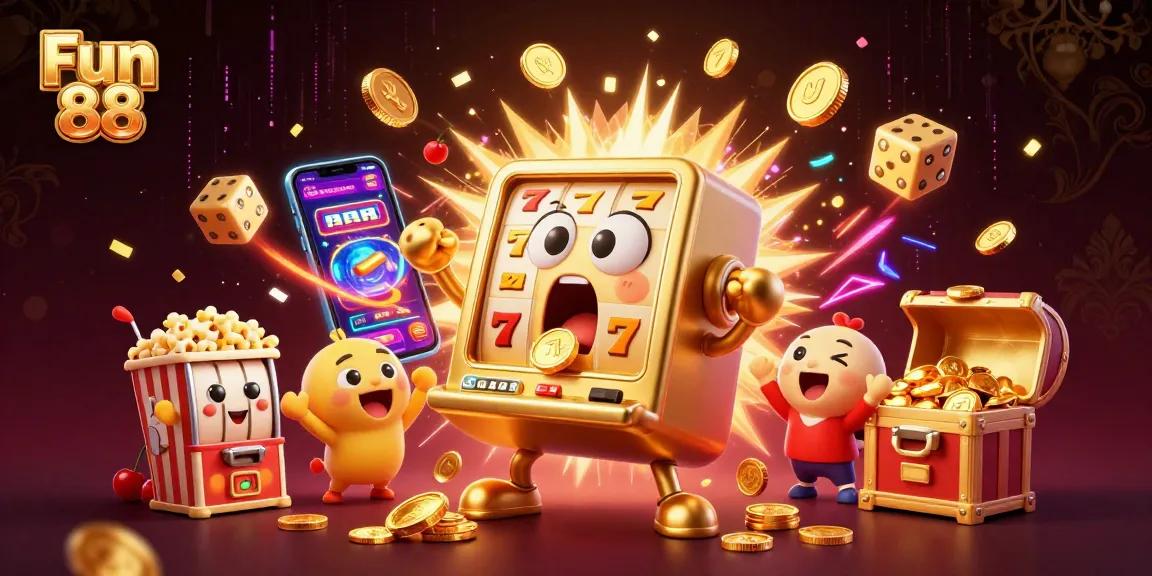 Experience the excitement of Fun 88 as the animated golden slot machine hits a jackpot, showering coins in celebration.