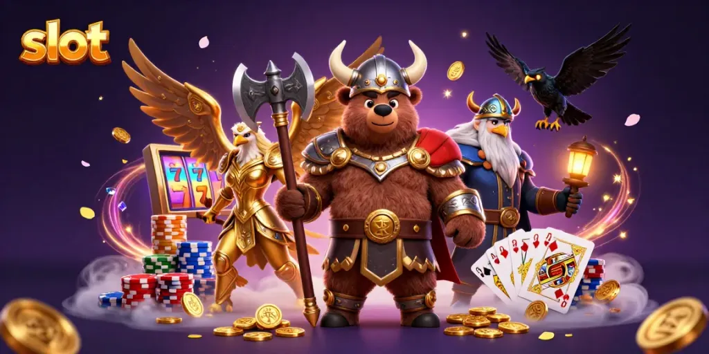 Gulir slot pada mesin slot sambil dikelilingi karakter dan elemen kasino yang meriah