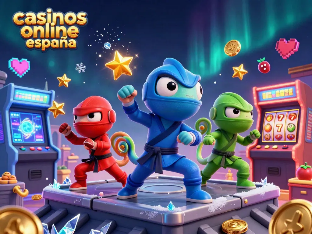 Ilustra casino online España con camaleones realizando artes marciales y elementos de juego.