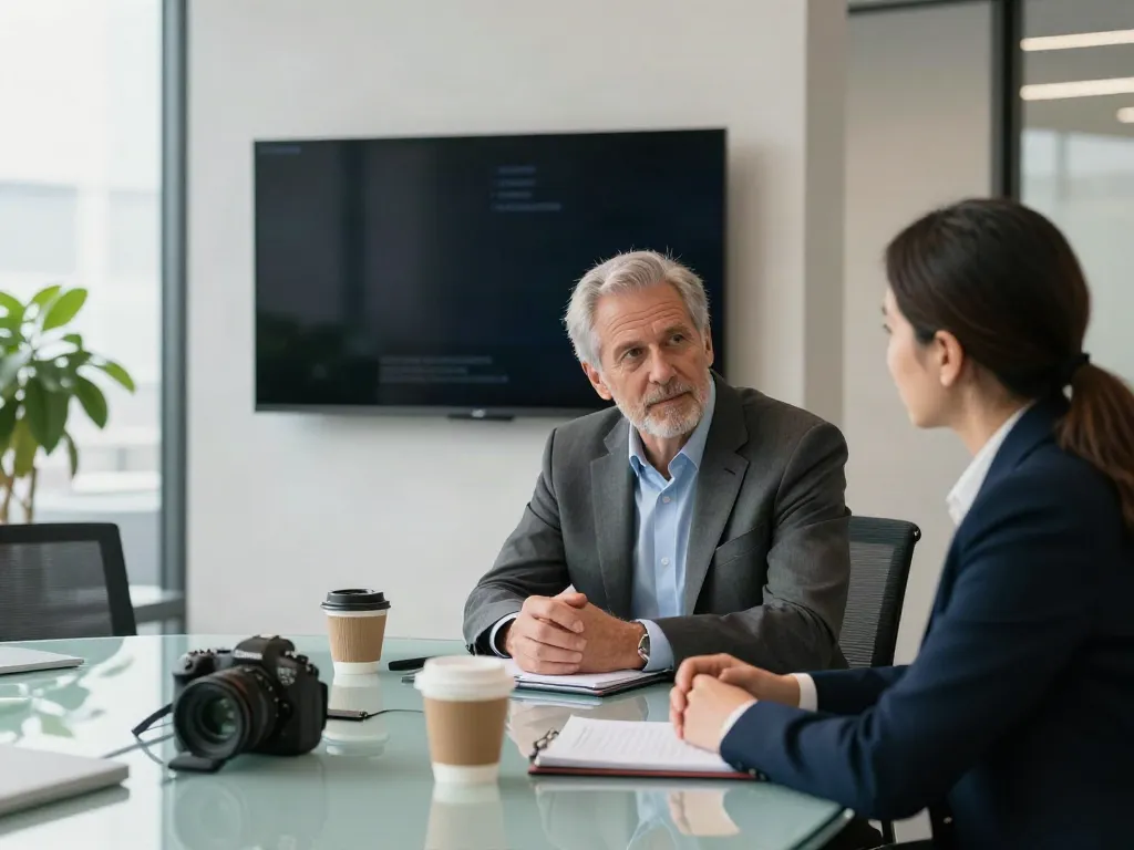 PedroVazPaulo Executive Coaching session between a professional coach and a corporate executive in a modern office.