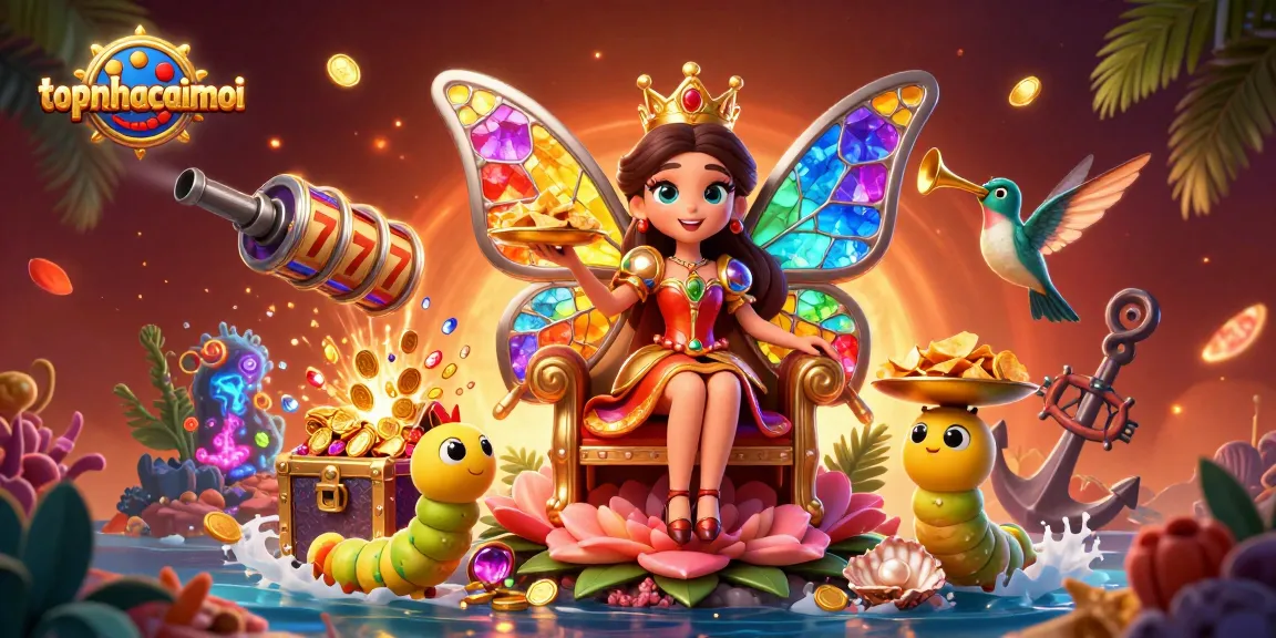 topnhacaimoi transforms casino dreams with a vibrant butterfly queen atop a treasure-filled throne