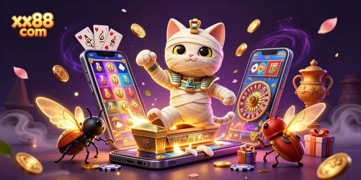 Experience the excitement of gambling with xx88 com featuring a vibrant mummy cat in a dynamic casino scene.