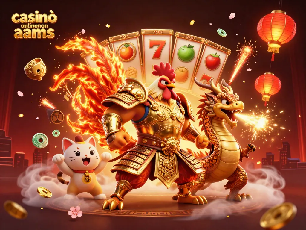 Giocatori dei casinò online non AAMS con un gallo guerriero e un drago, circondati da simboli di gioco d'azzardo e luci cinesi.