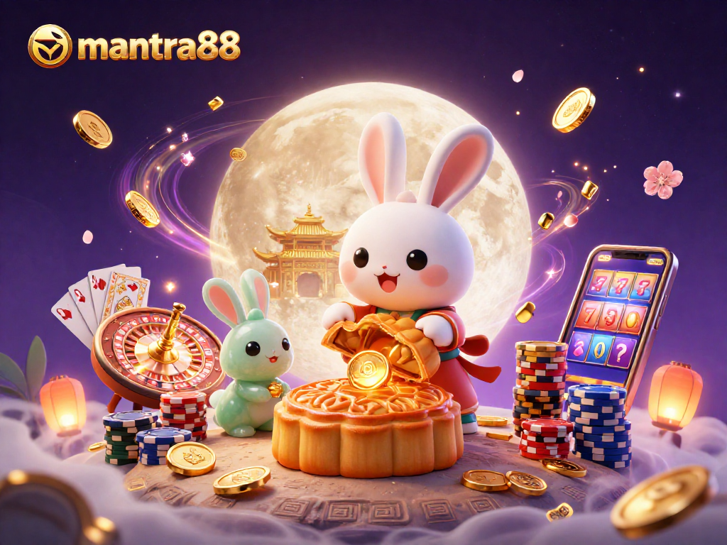 Experience mantra88 gaming excitement as a moon rabbit reveals poker chips and golden treasures.