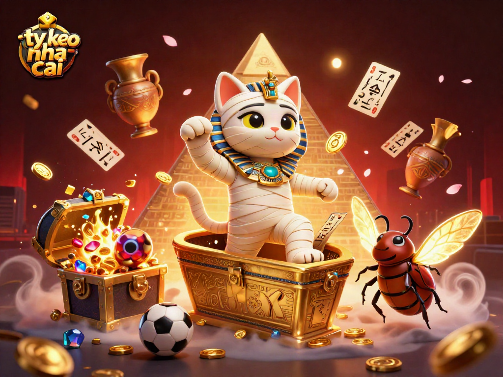 Engage with ty le keo nha cai in this vibrant casino scene featuring a mummy cat and scarab.