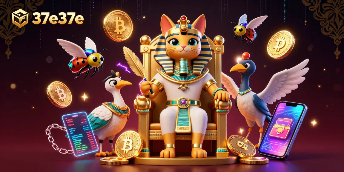 Jogando com 37e37e, um gato faraó egípcio revela a riqueza das criptomoedas ao lado de elementos de jogo vibrantes.