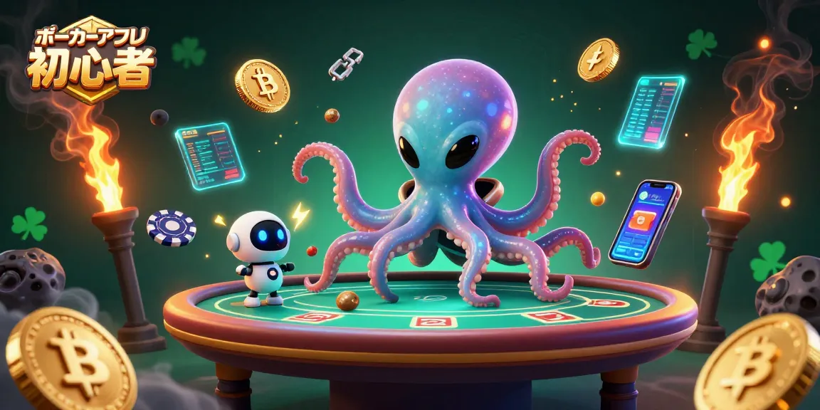 ポーカーアプリ 初心者向けの宇宙テーマのイラストで、異星のタコとロボットがポーカーテーブルで遊んでいます。