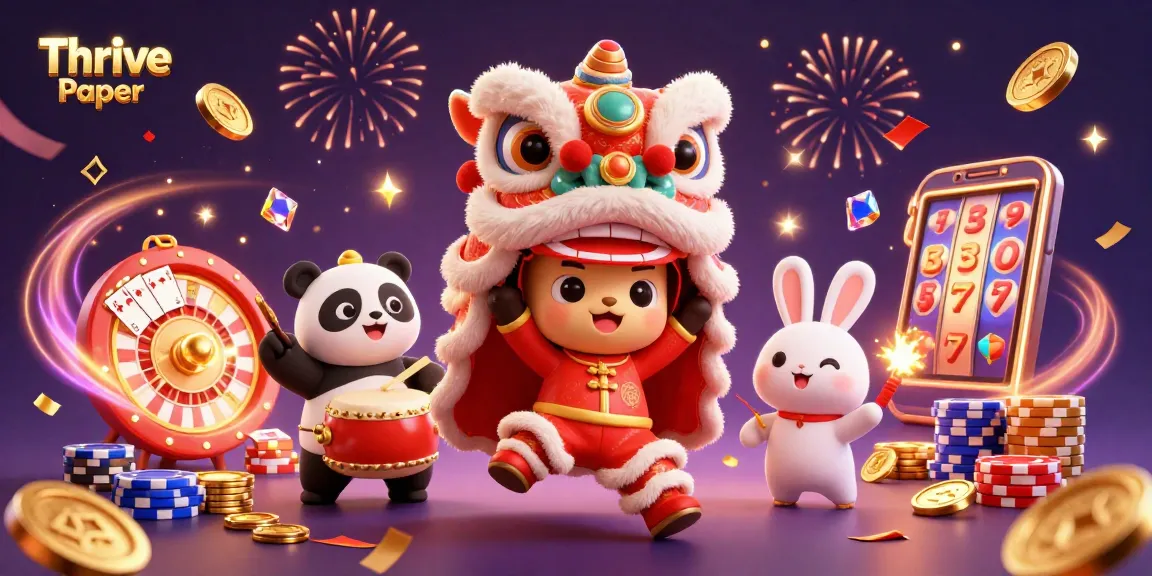Thrive Paper highlights a colorful casino scene with a lion dance, drumming panda, and festive elements.