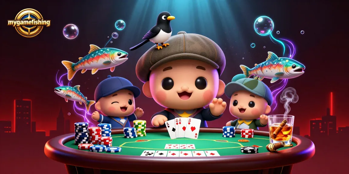Engage in the action of mygamefishing with 3D cartoon characters, poker elements, and vibrant visuals