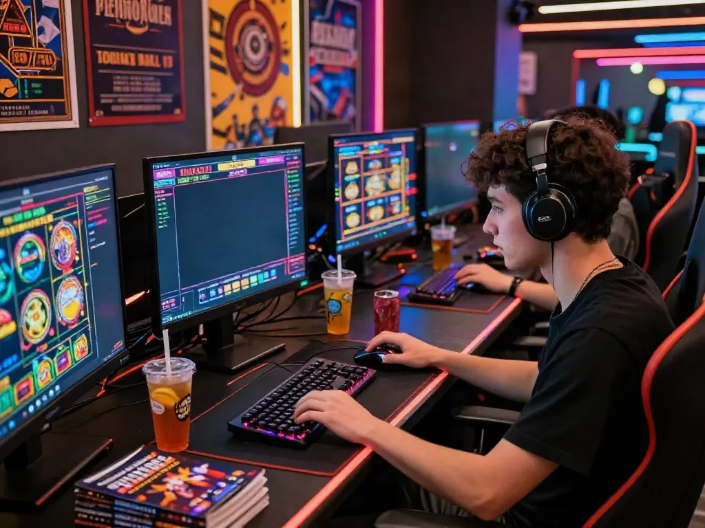 Online gaming setup showcasing สล็อตเว็บตรง slot games with vibrant graphics, a focused gamer, and engaging peripherals.
