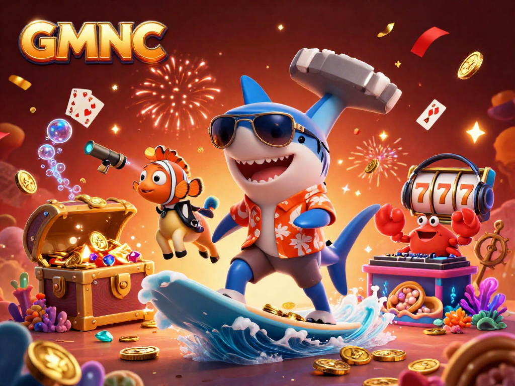 Engage with GMNC's thrilling slots through a vibrant underwater casino party illustration.