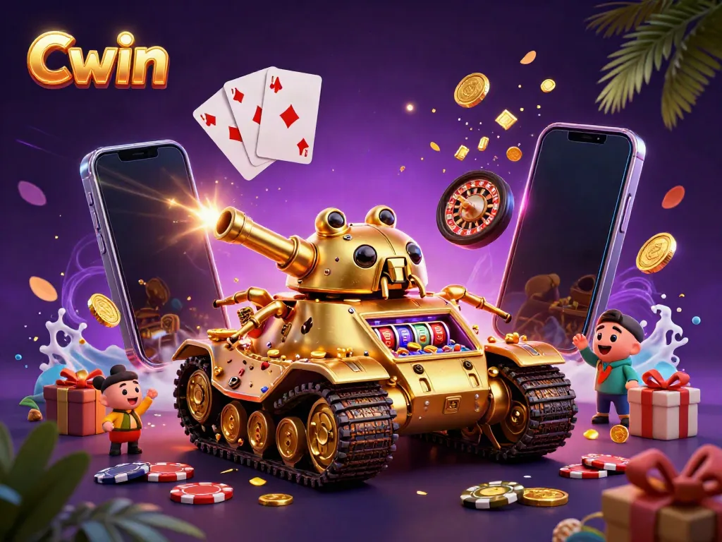 Experience Cwin's vibrant casino scene with a captivating golden beetle tank and lively game elements.