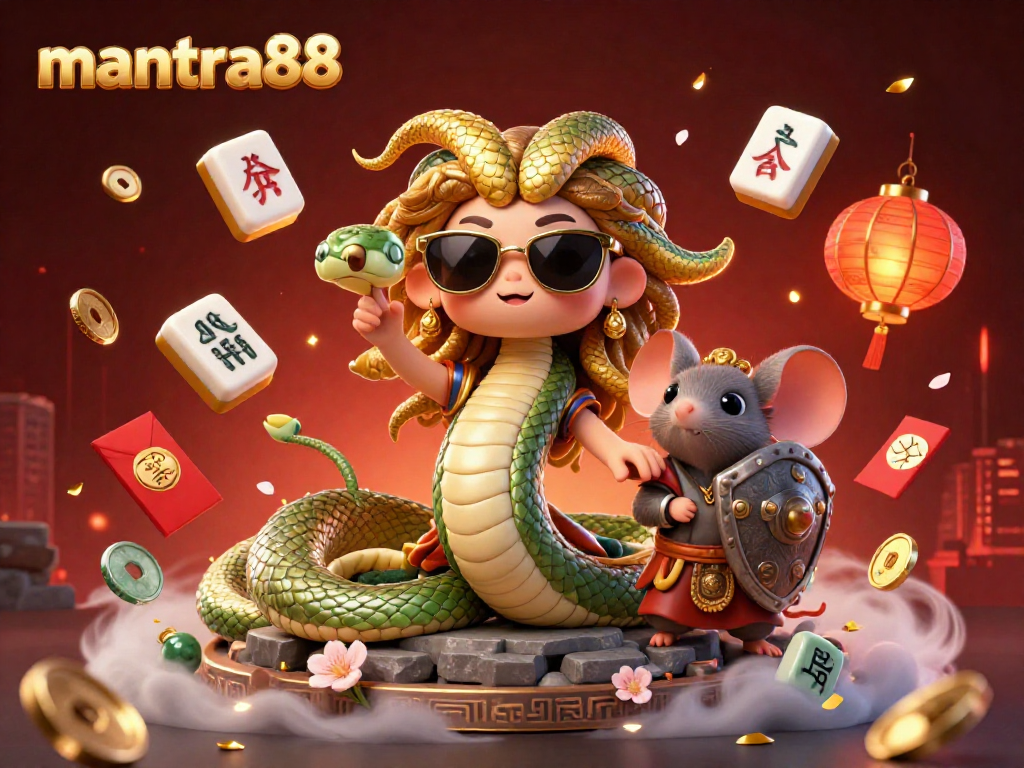 Engage with mantra88 in this vibrant 3D illustration showcasing thrilling gaming elements and characters.