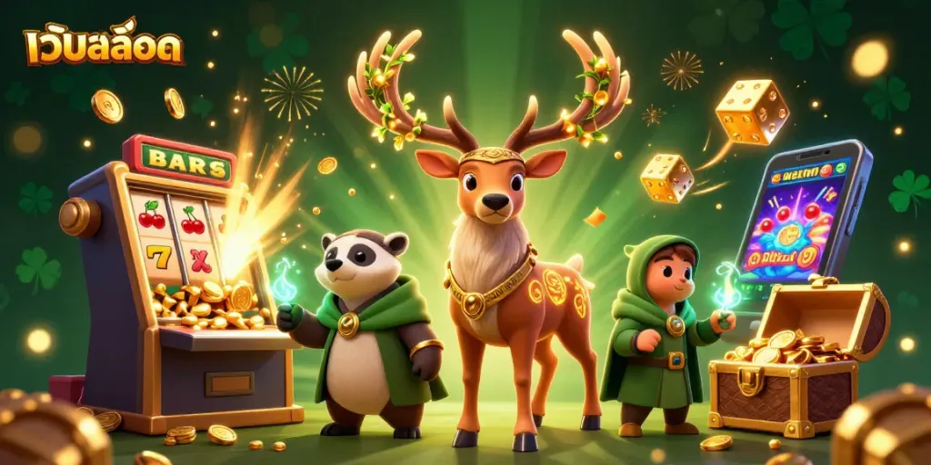 Engage with เว็บสล็อต as the jackpot explodes in a vibrant scene filled with whimsical characters and casino symbols.