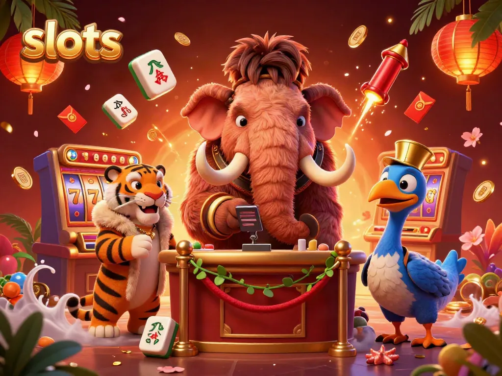 Engaging slots scene with a woolly mammoth bouncer, VIP saber-tooth tiger, and festive casino elements.