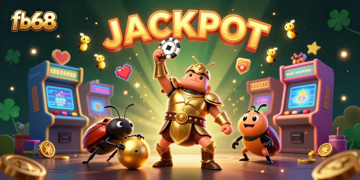 fb68 players revel in a jackpot win with a victorious beetle character and vibrant casino elements.