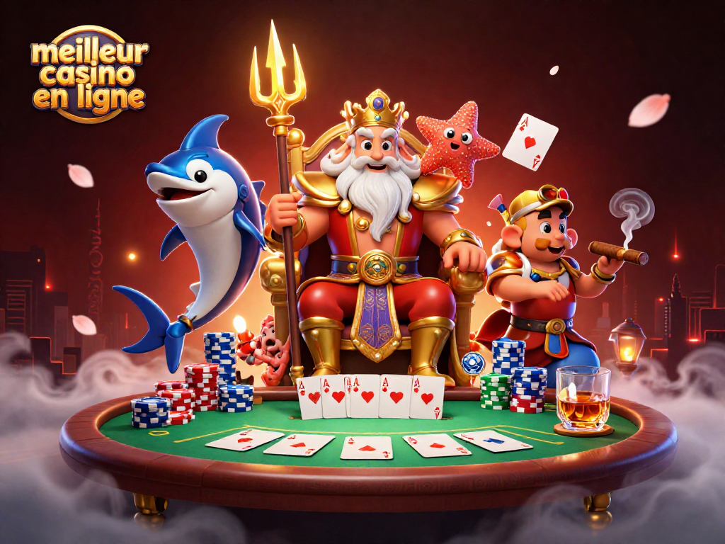 Illustration dynamique du meilleur casino en ligne avec Neptune et des éléments de poker. Amusez-vous!