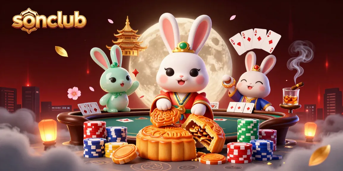 Experience high-stakes gaming at sonclub with vibrant casino elements and moon rabbit characters.