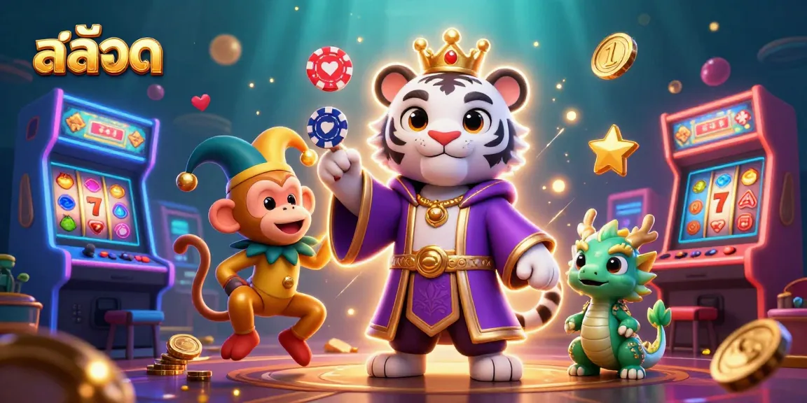 Experience the thrill of สล็อต with a regal white tiger and fun casino elements in vibrant 3D.