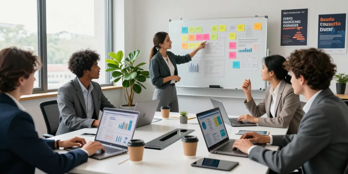 Dynamic business meeting at a marketing agency showcasing teamwork around digital strategies and analytics dashboards.