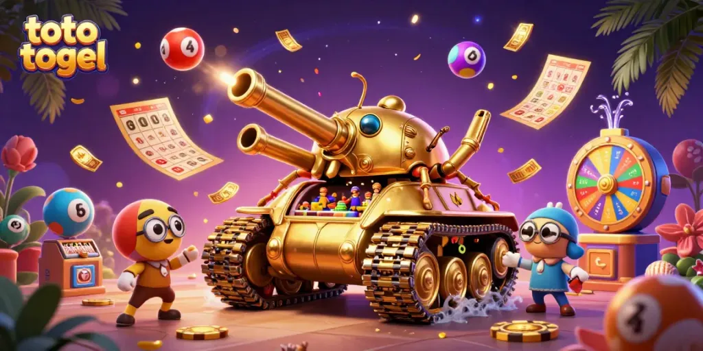 Menampilkan toto togel dalam suasana kasino mini yang ceria dengan efek hujan uang dan bola lotere berwarna.