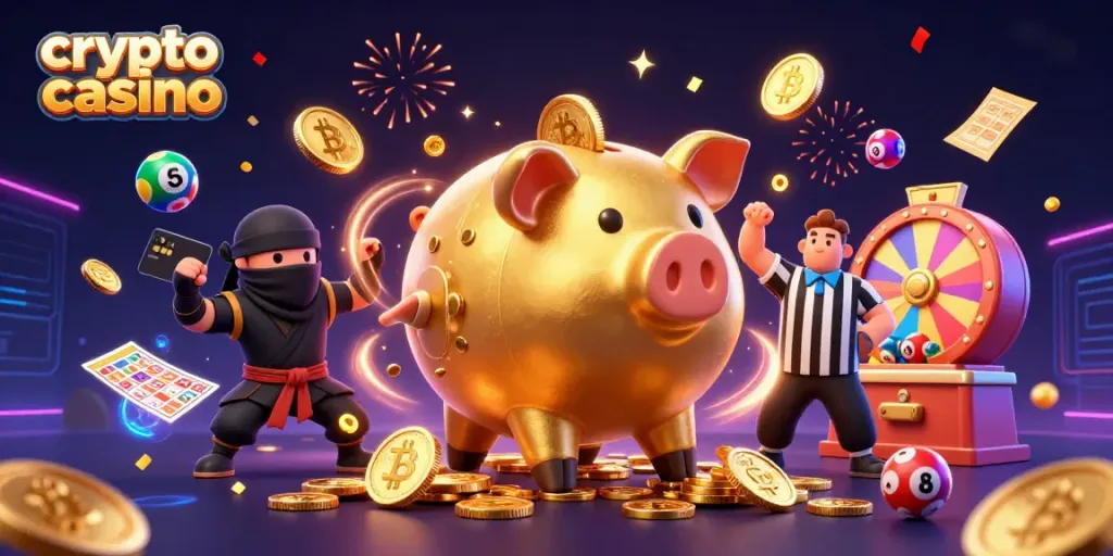 Experience a vibrant crypto casino scene with a sumo wrestler, ninja, and referee amidst dynamic game elements.