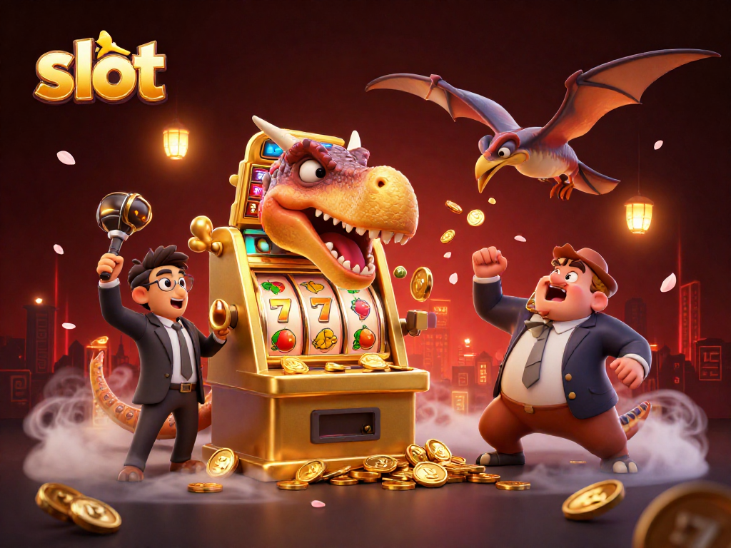 Mesin slot menghasilkan koin jackpot dengan karakter dino di kasino, pengalaman bermain yang menarik.