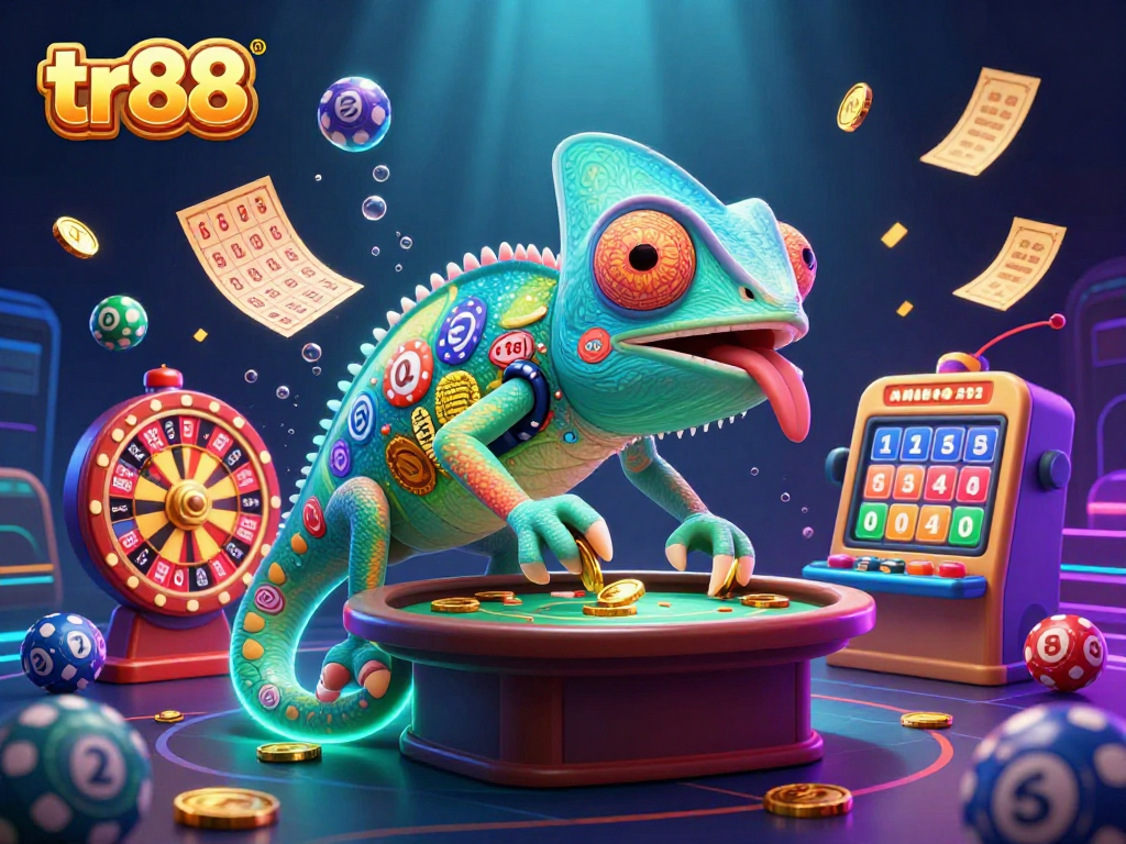 Experience vibrant gaming action with tr88's chameleon casino owner amidst a colorful lottery scene.