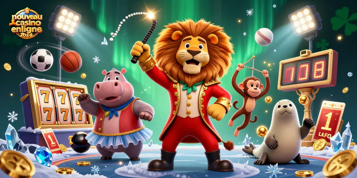 Illustration dynamique d'un nouveau casino en ligne 2026 avec un lion de cirque et des éléments de jeux de casino.