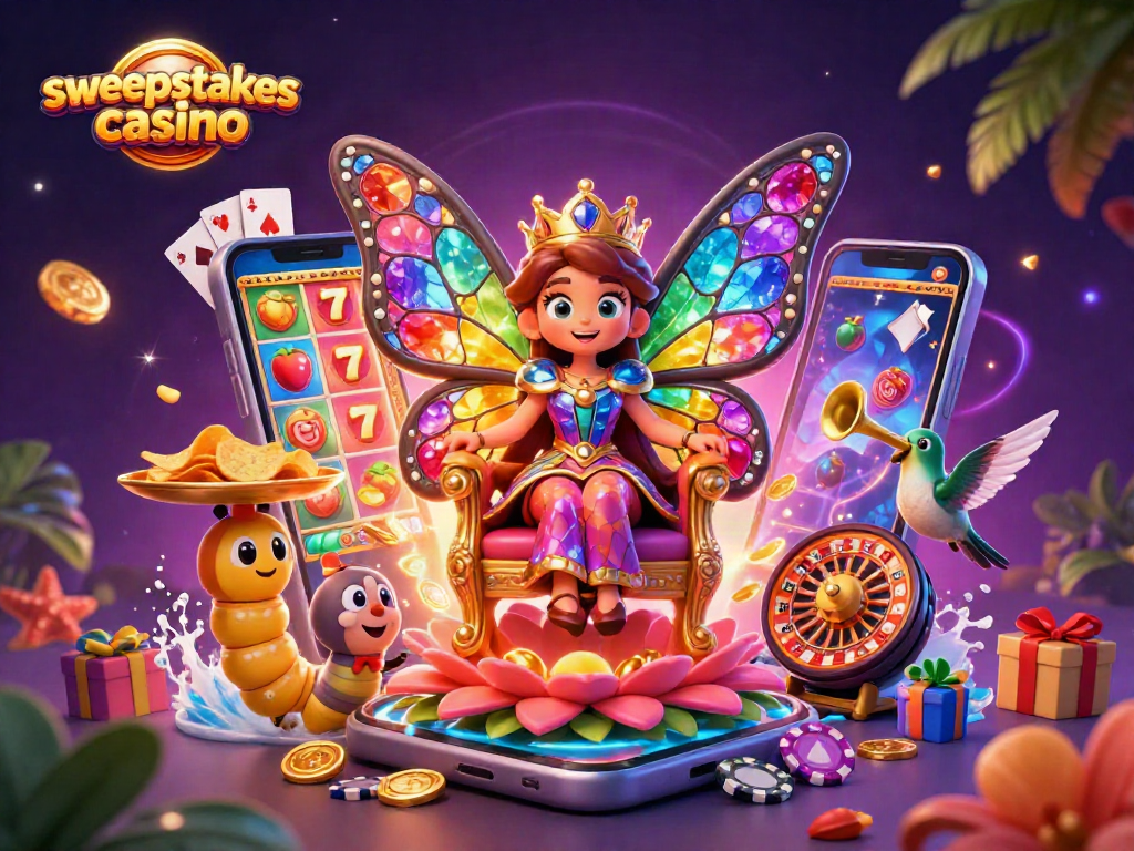 Sweepstakes casino scene featuring a butterfly queen and vibrant game elements, rich 3D detail