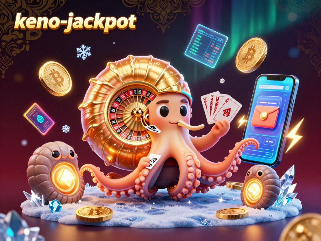 Keno-jackpot showcases an ancient nautilus roulette wheel with glowing ammonites and vibrant crypto elements.