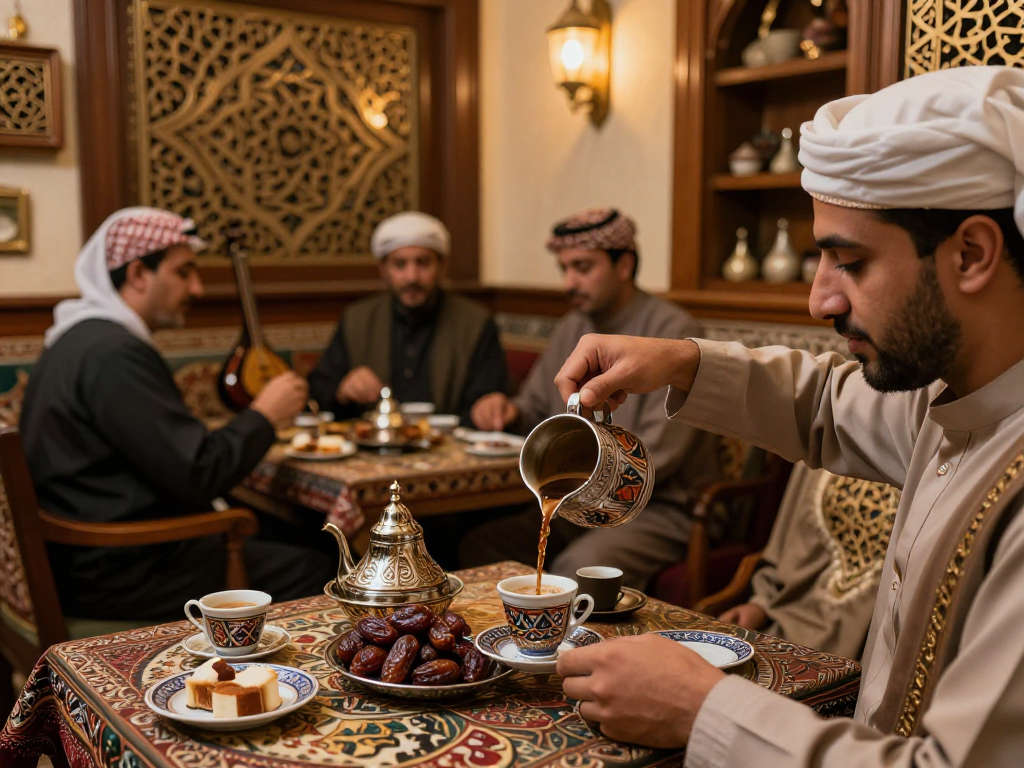 قهوجي وصبابين في مقهى عربي تقليدي يُقدّم القهوة في أكواب مزخرفة.