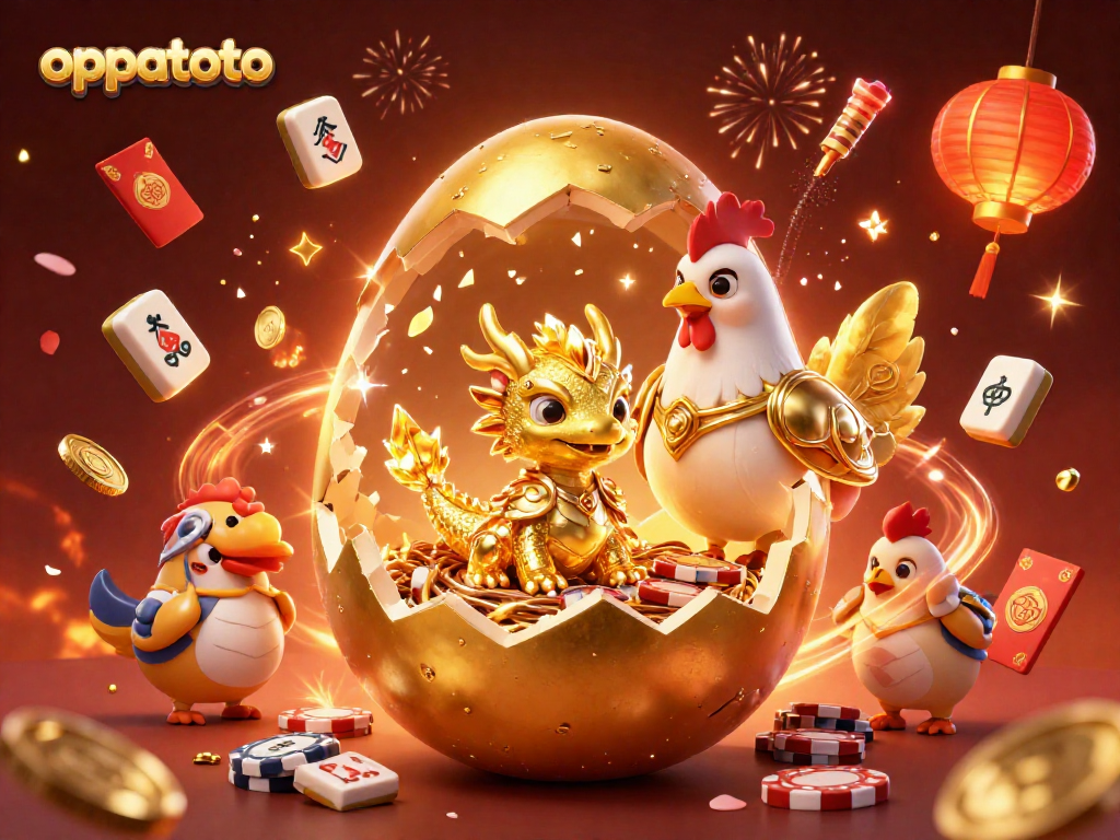 Play exciting games at oppatoto with a golden dragon emerging from a poker chip nest, celebrating wins!