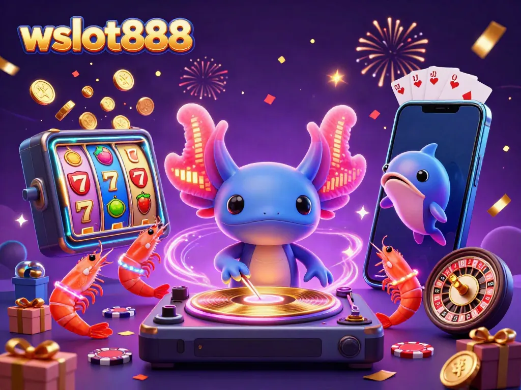 Visualisasi wslot888 dengan DJ axolotl neon dan permainan slot yang mendebarkan.