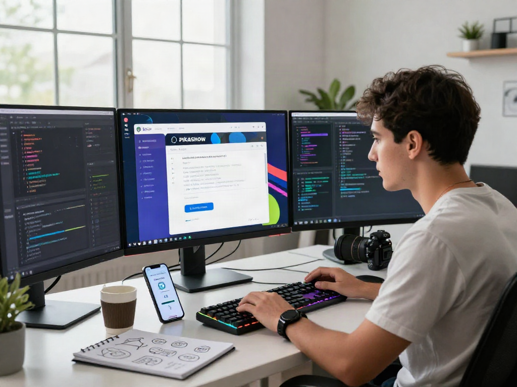 Pikashow APK download in a vibrant workspace with multiple screens showcasing app interface and coding.