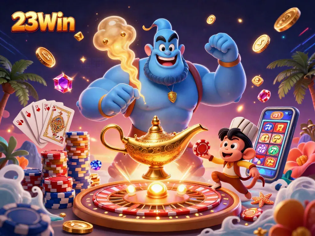 Experience winning thrills at 23Win casino with a vibrant and exciting illustration.