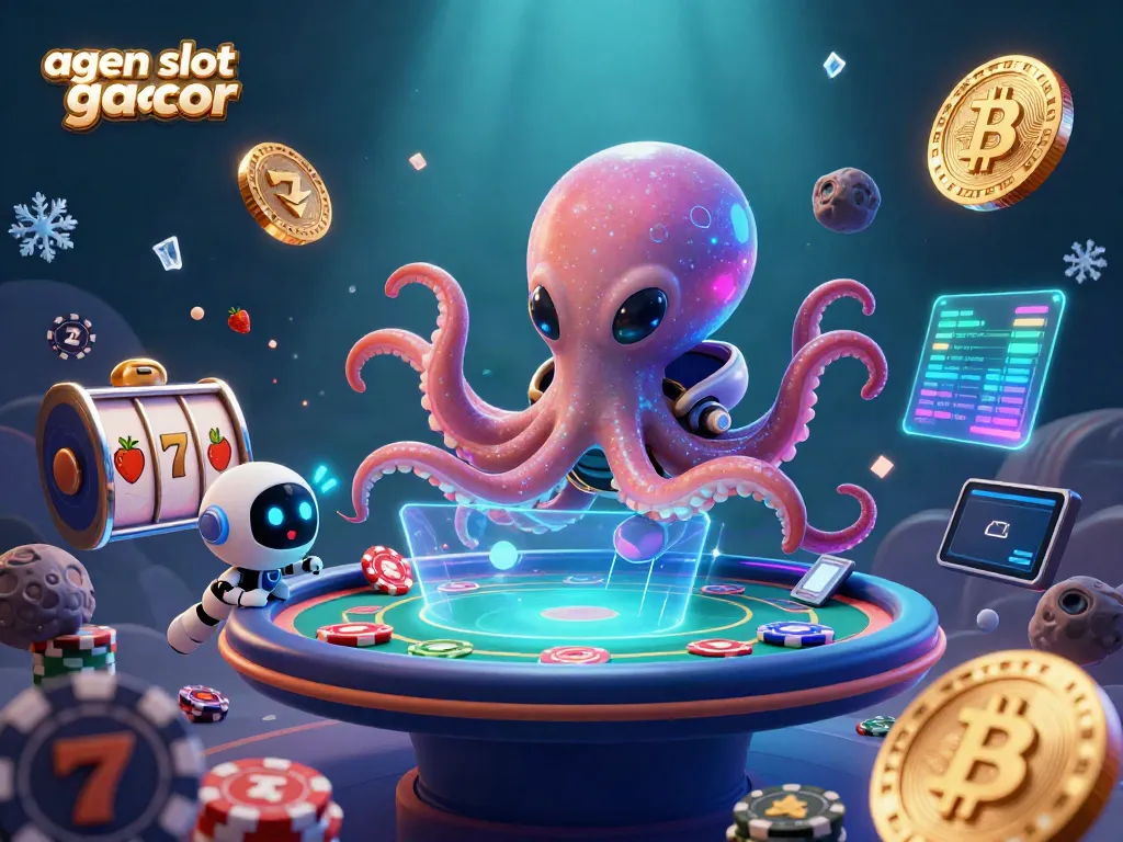 Engage in fun with the 3D alien octopus at the agen slot gacor poker table surrounded by cosmic decorations.