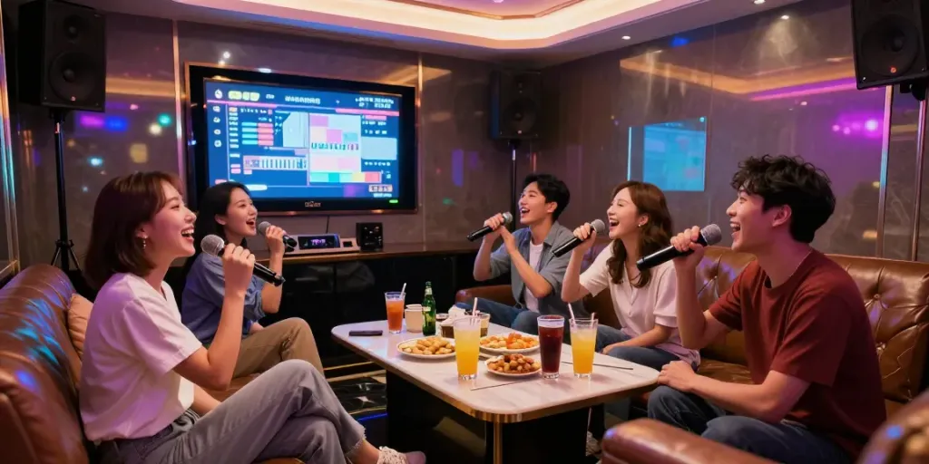 달리는토끼에서 즐겁게 노래하는 친구들의 모습, 화려한 조명과 고급스러운 시설이 돋보임
