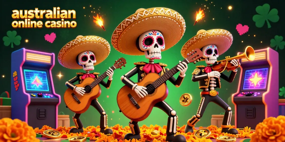 Australian online casino showcasing vibrant Day of the Dead skeleton mariachis surrounded by arcade game elements.