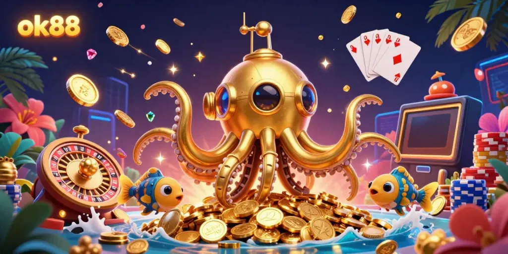 Play and win with ok88 while enjoying the excitement of golden coins and vibrant casino elements.