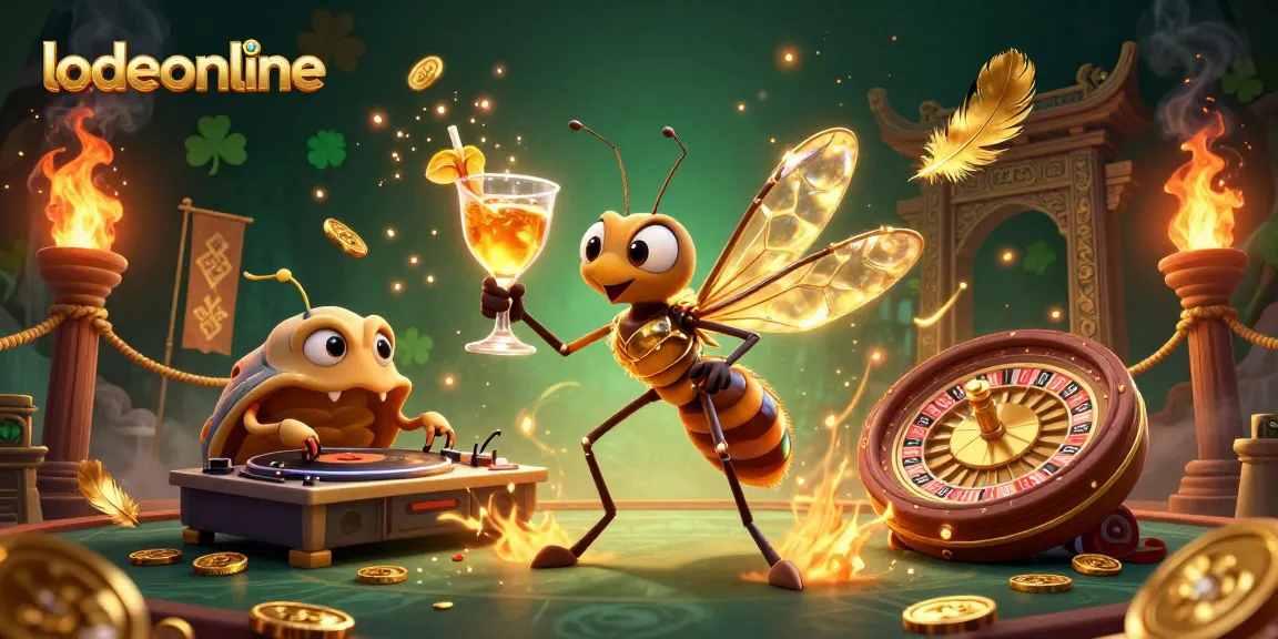 Engage with lodeonline through a vibrant illustration of a casino mascot and a trilobite DJ in a rich gambling scene.