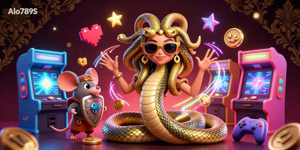Alo789S captures the excitement of gaming with a lively scene featuring friendly Medusa and a warrior mouse amidst colorful casino elements.