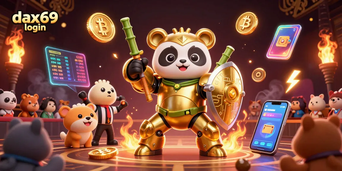 dax69 login menawarkan pengalaman permainan kasino seru dengan ilustrasi panda emas dan robot bertarung.