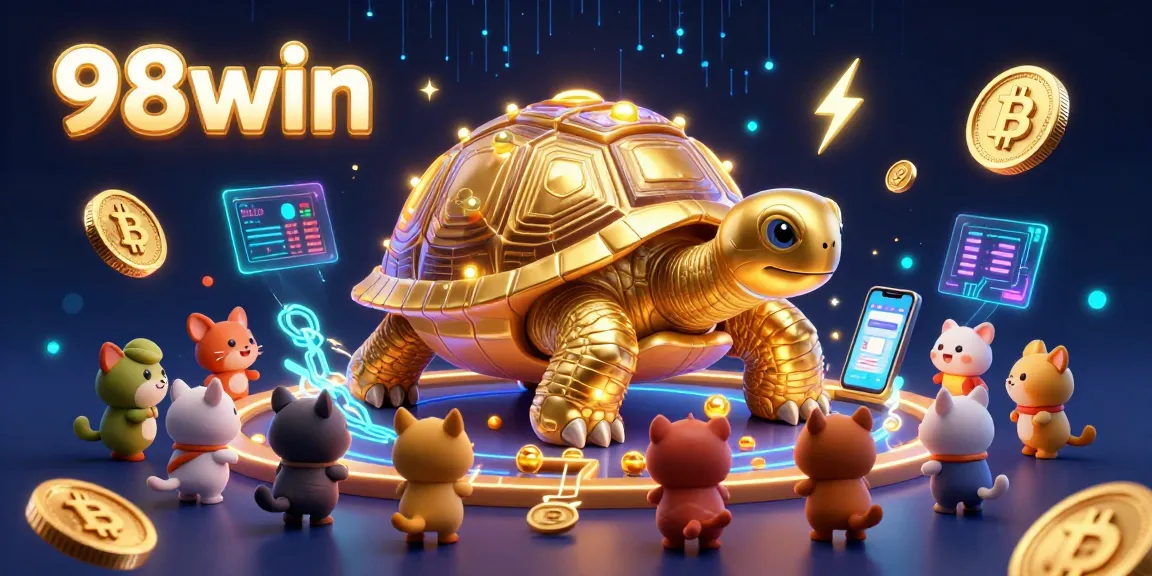Engage with thrilling games at 98win, showcasing lively cartoon characters and vibrant gambling elements.