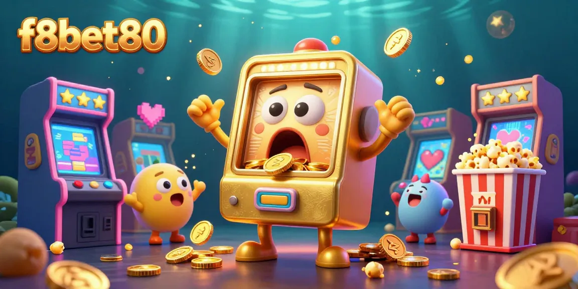 Experience the excitement at f8bet80 with a vibrant 3D scene of a jackpot-winning slot machine showering coins, amidst cheering baby slots and arcade games.