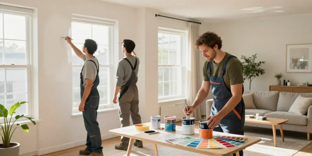 Painting contractors in Camden ME painting a living room, showcasing home improvement.
