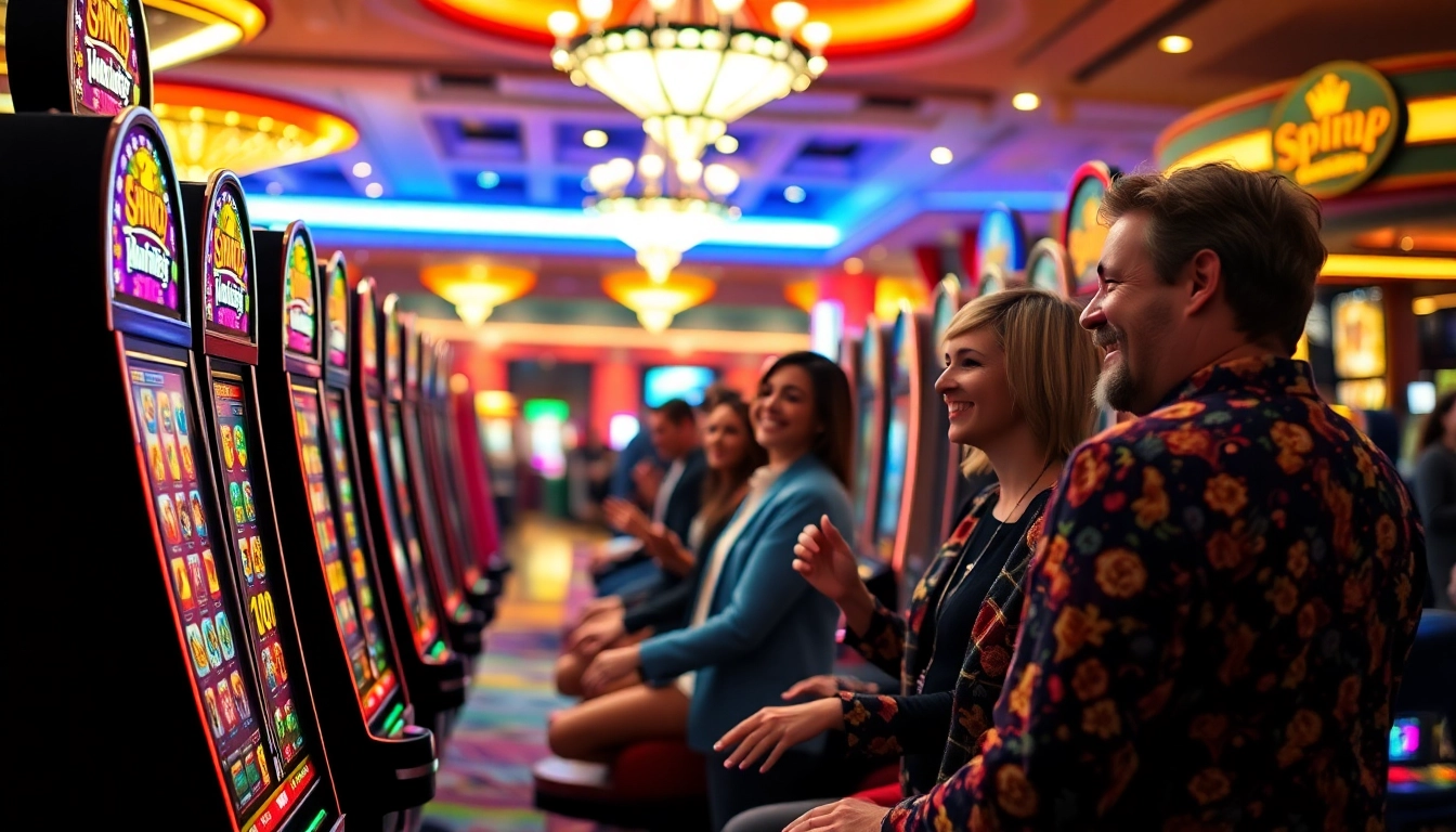 Engage in slot gambling amidst vibrant, colorful machines in an exciting casino environment.