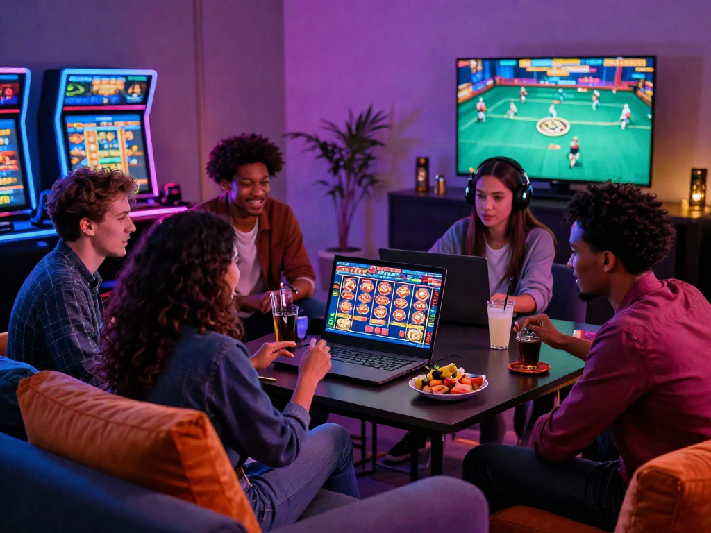 Friends enjoying an exciting casino online gaming night with vibrant visuals and engaging atmosphere.